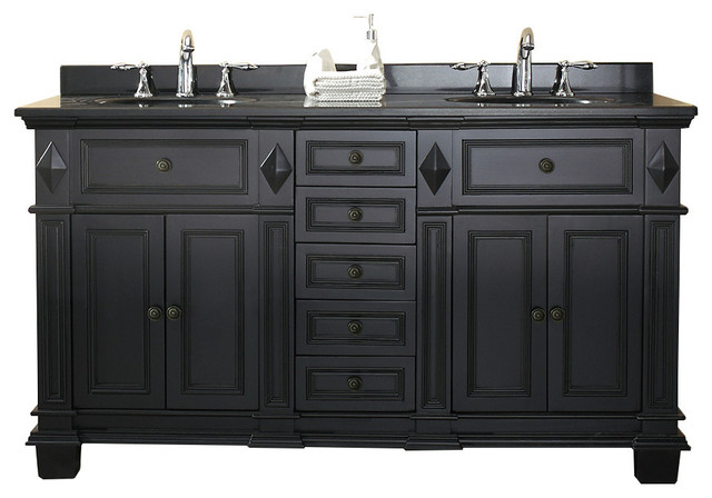 Ove Decors Essex 60 Double Sink Vanity With Black Granite Top Antique Black