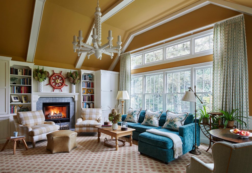 Design ideas for a transitional enclosed family room in Chicago with yellow walls, carpet, a standard fireplace, a tile fireplace surround, a wall-mounted tv, beige floor, exposed beam and decorative wall panelling.