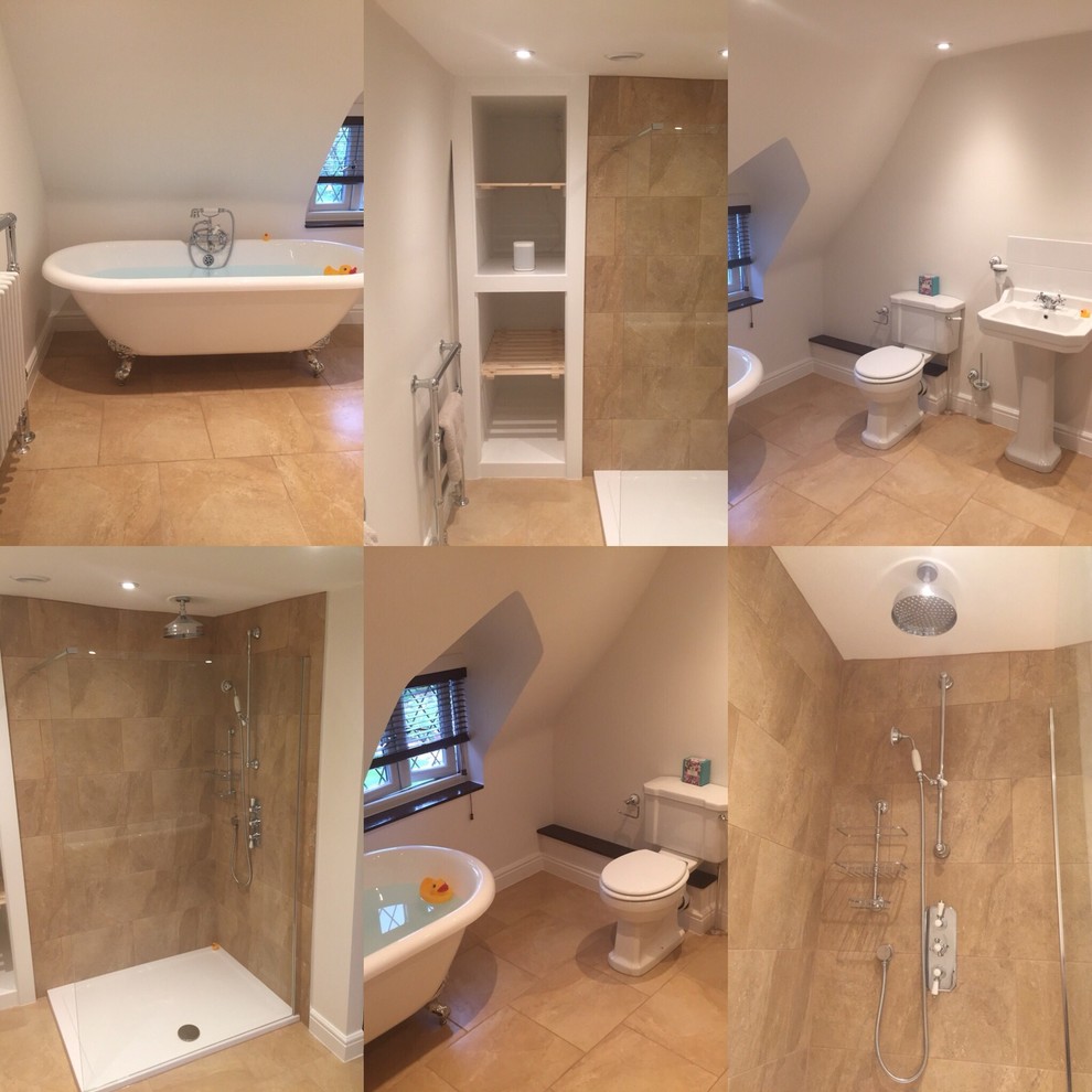 Photo of a large traditional kids bathroom in West Midlands with a claw-foot tub, an open shower, a two-piece toilet, beige tile, ceramic tile, white walls, ceramic floors and a pedestal sink.