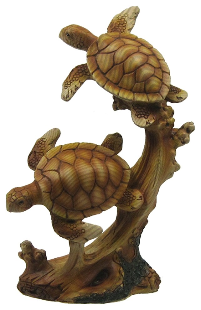 Sea Turtles on Branch Figurine Faux Wood Finish 7.25 Inches