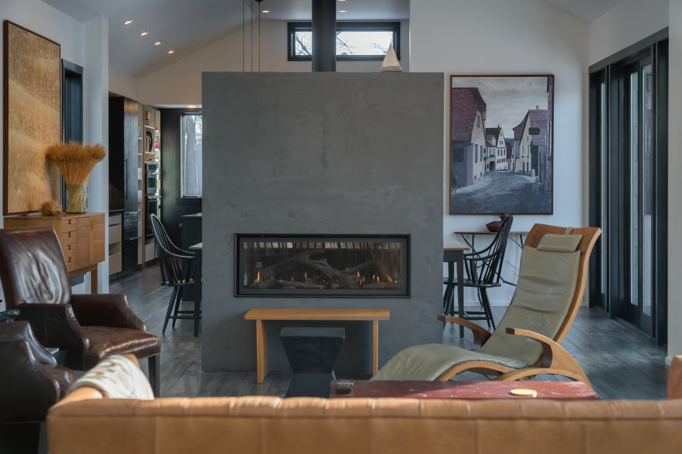 Inspiration for a mid-sized contemporary loft-style family room in Minneapolis with a library, grey walls, medium hardwood floors, a two-sided fireplace, a plaster fireplace surround, no tv and grey floor.