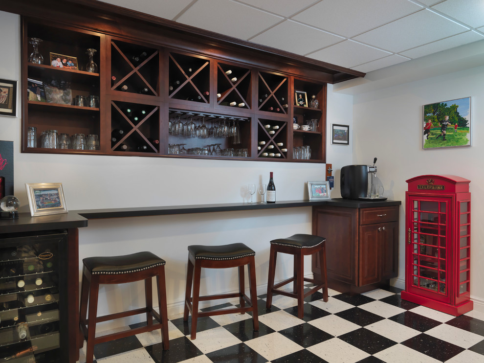 This is an example of a traditional single-wall seated home bar in Providence with open cabinets, medium wood cabinets, linoleum floors and multi-coloured floor.