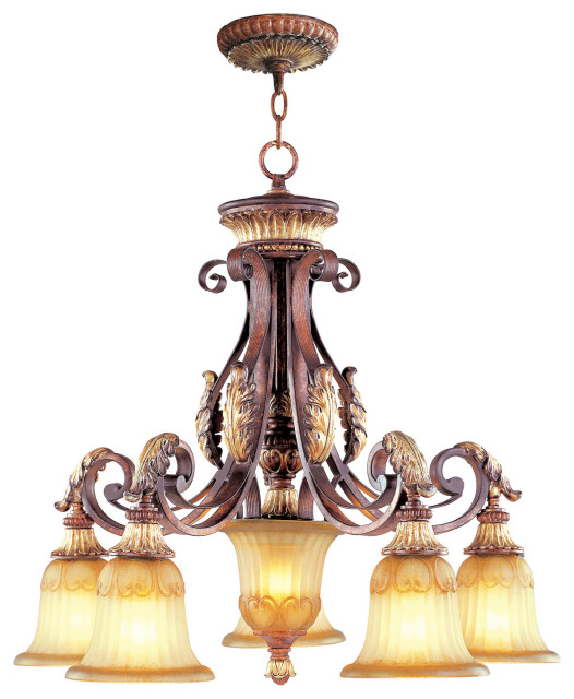 Verona Bronze 5 Light 500W Chandelier With Medium Bulb Base And Rustic Art Glass