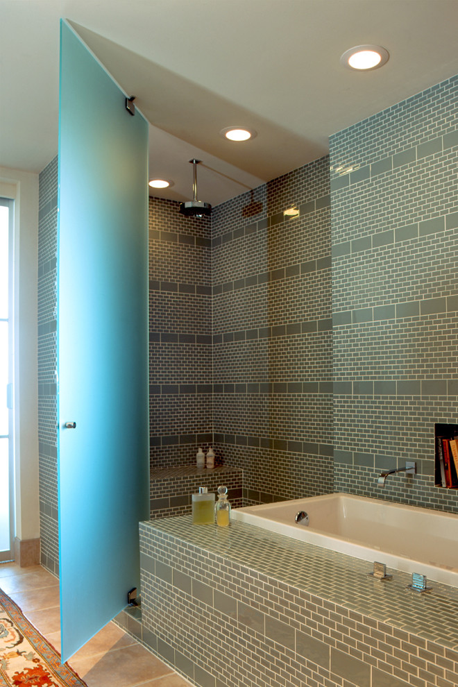 Design ideas for a contemporary bathroom in Austin with mosaic tile.