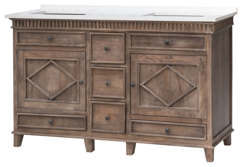 58 Inch Small Distressed Double Sink Bathroom Vanity, Quartz, Rustic