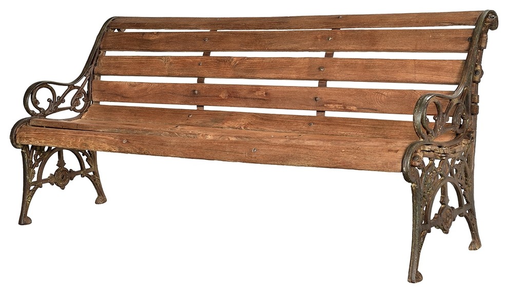 75 Long Garden Bench Ornate Scrolled Iron Frame Solid Teak Wood