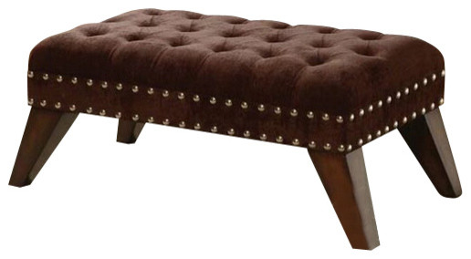 Brown Fabric Tufted Top Bedroom Bench with Brass Pin Trim and Wood Legs