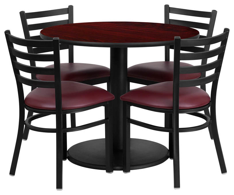 36" Round Mahogany Table Set with 4 Ladder Back Chairs - Burgundy Vinyl Seat