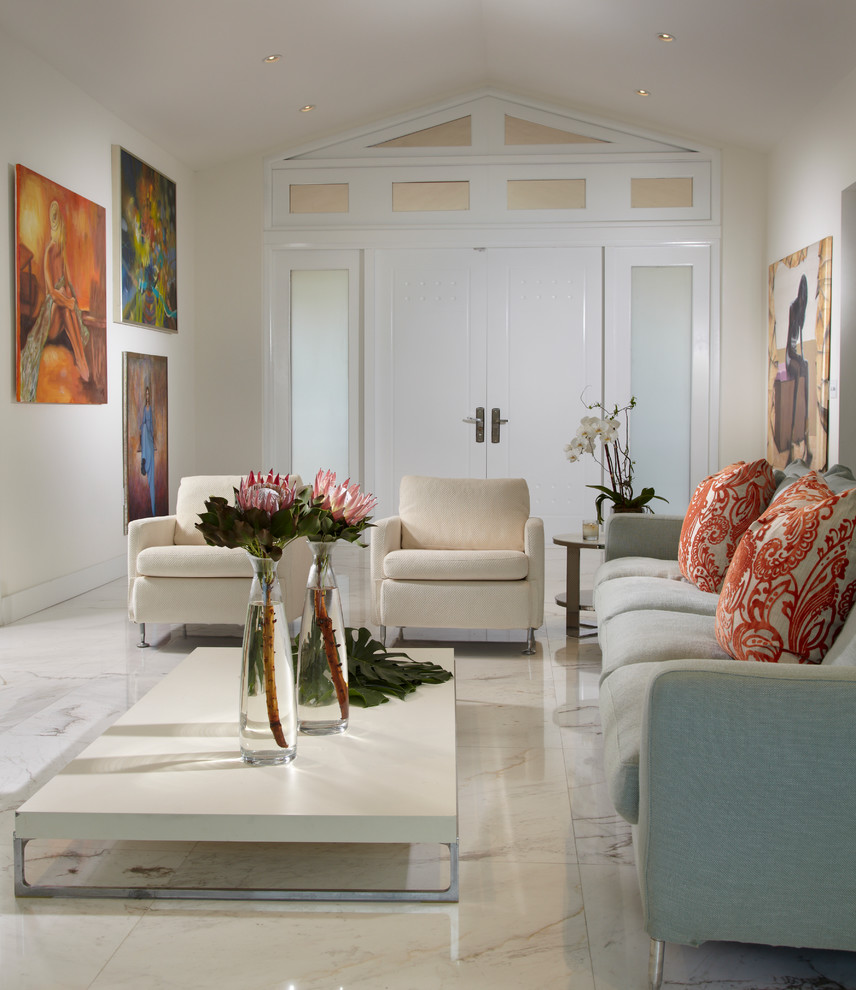 Mid-sized contemporary formal open concept living room in Miami with white walls, marble floors, a wall-mounted tv and multi-coloured floor.