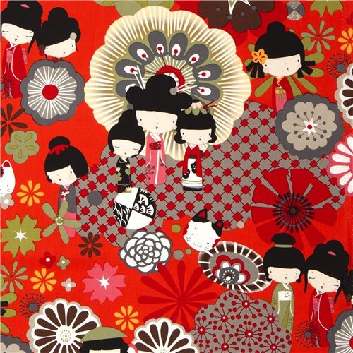 orange red Japanese Kokeshi doll fabric by Alexander Henry