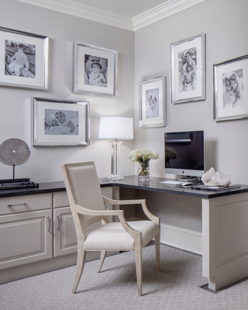 Design ideas for a transitional home office in Philadelphia with grey walls and a built-in desk.