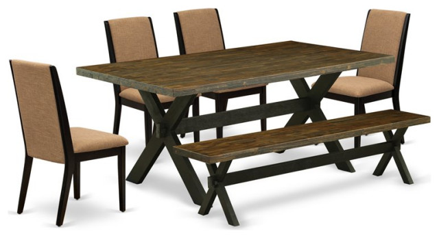 East West Furniture X-Style 6-piece Wood Dining Set with Cushion Seat in Black