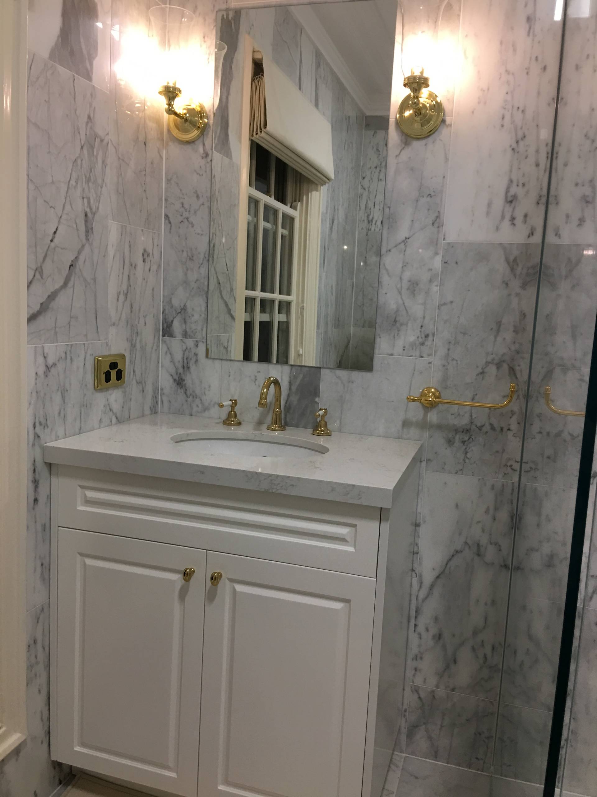 shaker door vanity and custom made mirror