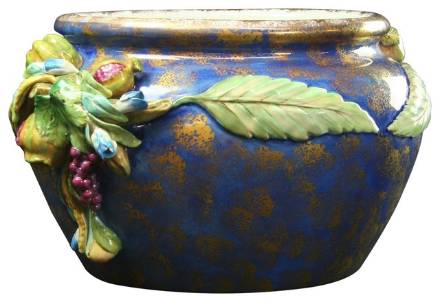 Consigned Italian Majolica Ceramic Bowl  Blue  Fruit and Grapes