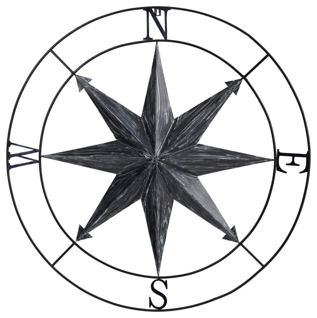 40" Washed Nautical Metal Compass Wall Art Decor Beach Style Metal