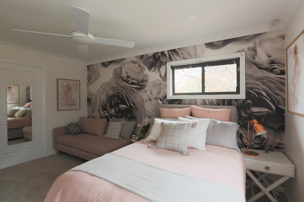 Transitional bedroom in Sydney with grey walls, carpet, no fireplace and beige floor.
