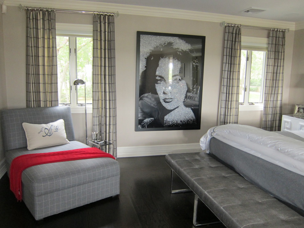 Design ideas for a large contemporary master bedroom in New York with grey walls, dark hardwood floors and no fireplace.