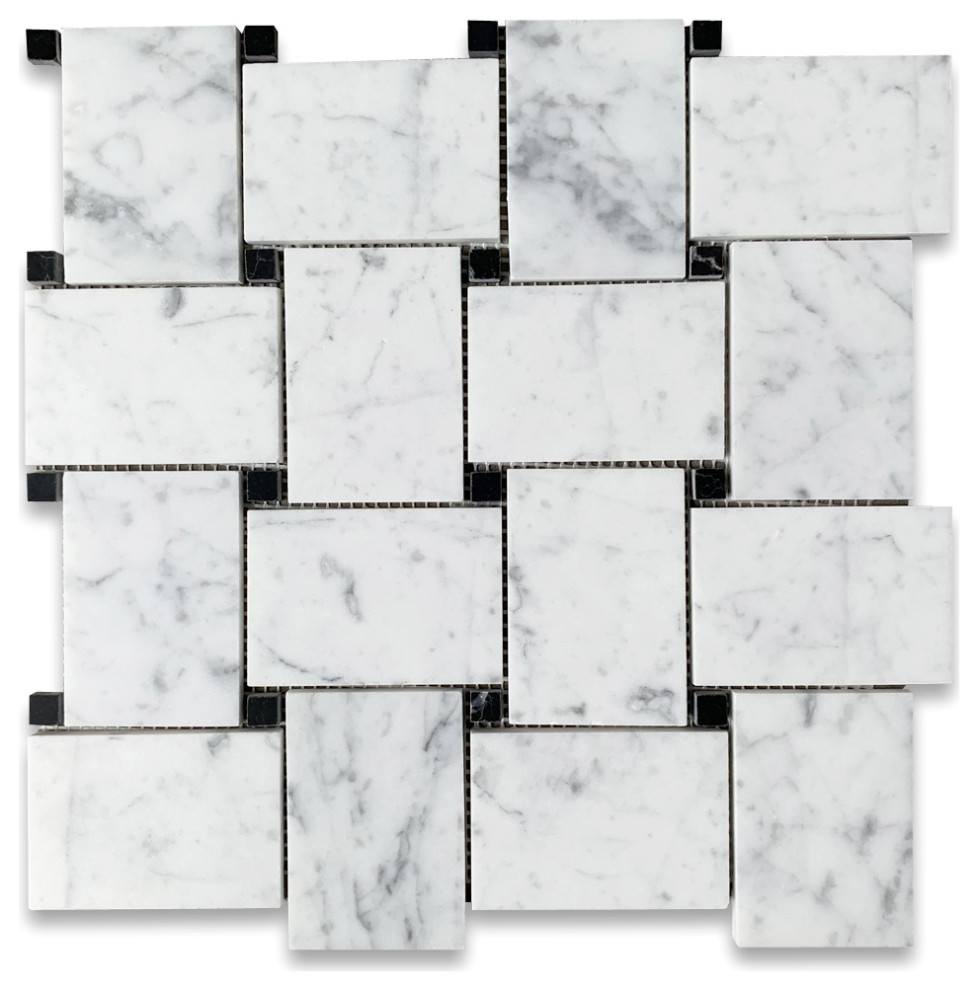 Wide Big Basketweave Carrara White Marble Mosaic Tile Honed Black Dots, 1 sheet