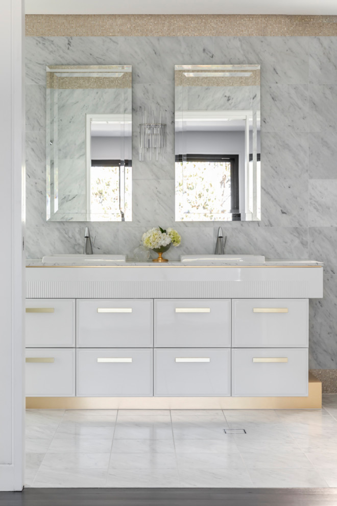 Inspiration for a mid-sized contemporary 3/4 bathroom in Sydney with flat-panel cabinets, white cabinets, gray tile, glass tile, a drop-in sink, grey floor, white benchtops, a double vanity and a floating vanity.