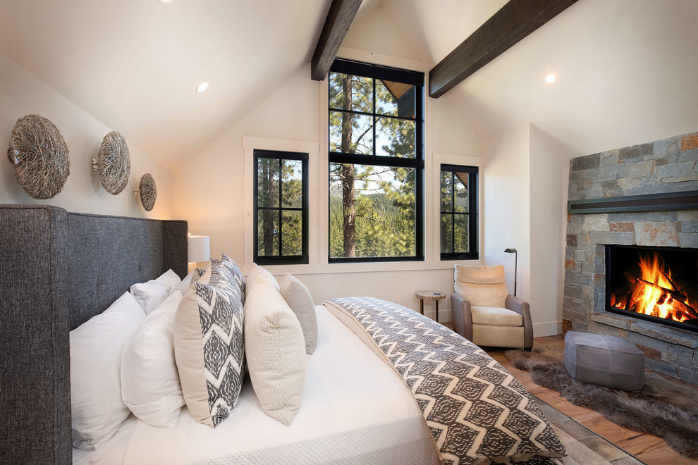 Inspiration for a mid-sized country guest bedroom in Other with white walls, medium hardwood floors, a wood stove, a stone fireplace surround and brown floor.