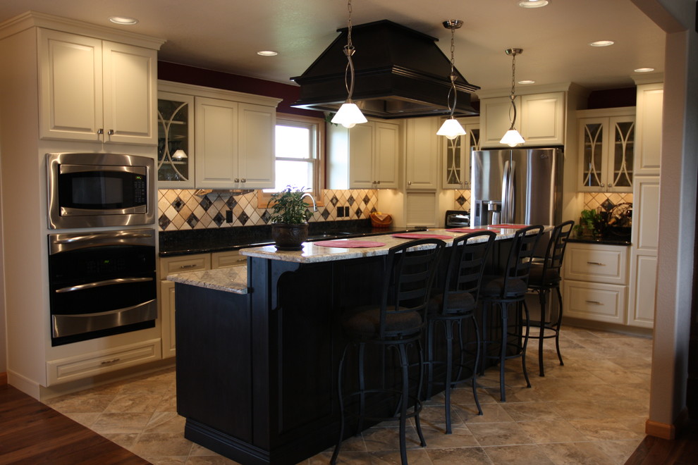Eat-in kitchen - u-shaped ceramic tile eat-in kitchen idea in Denver with a farmhouse sink, open cabinets, white cabinets, quartz countertops, white backsplash, stainless steel appliances and an island