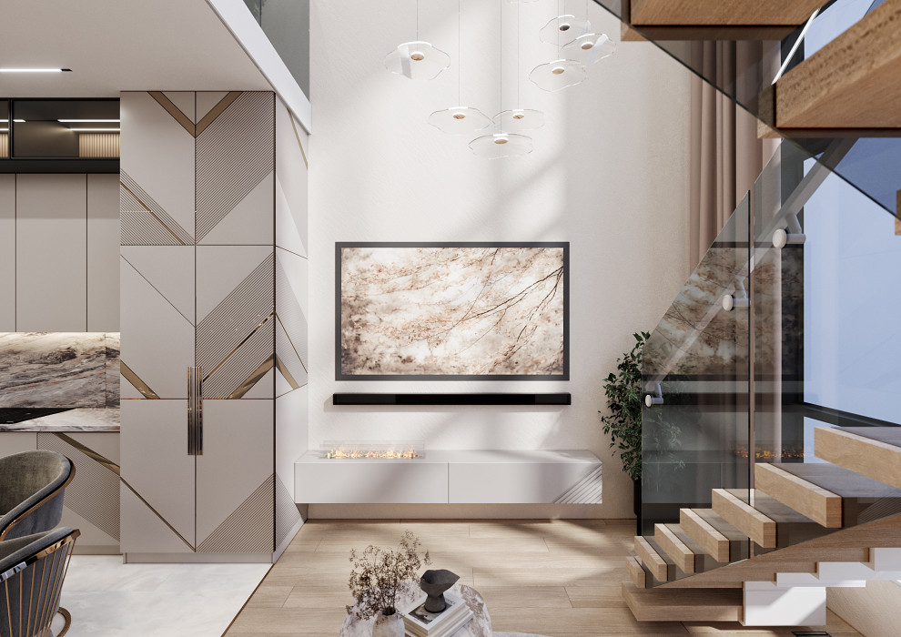 Дизайн кухни-гостиной в двухуровневой квартире в Москве