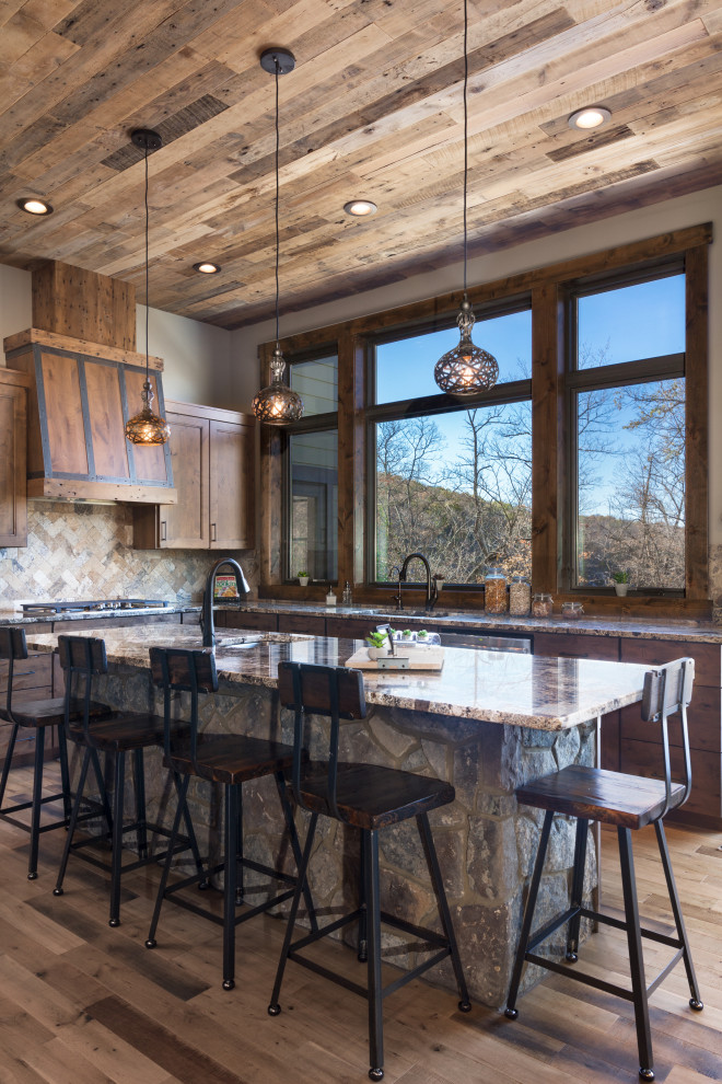 Eat-in kitchen - rustic medium tone wood floor and wood ceiling eat-in kitchen idea in Other with medium tone wood cabinets, an island and beige countertops