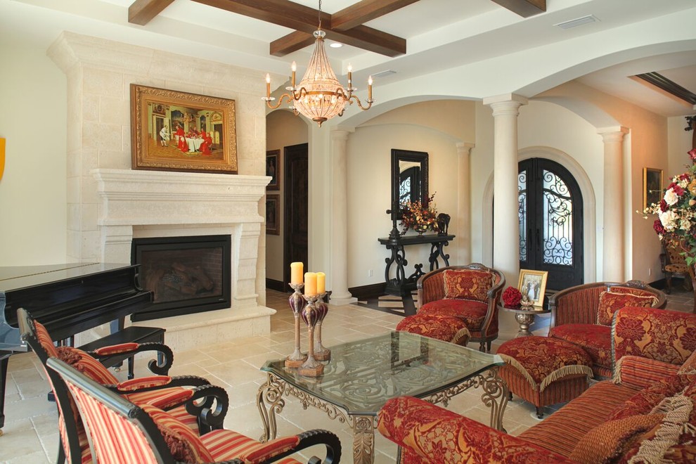 Inspiration for a mid-sized mediterranean formal open concept living room in Tampa with white walls, travertine floors, a standard fireplace, a stone fireplace surround and no tv.