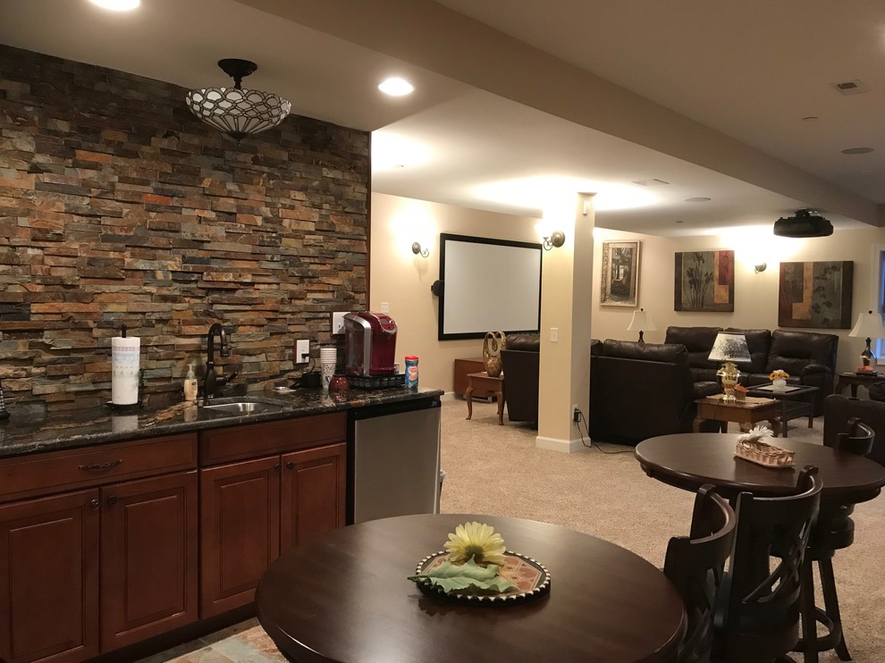 Finished Basement -Stacked Stone above Wet Bar & Home Theater