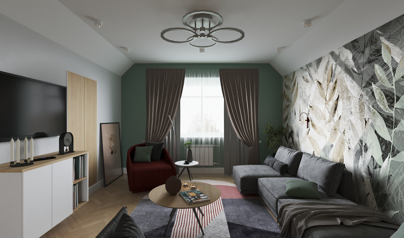 Кабинет, спортуголок и гостевая зона на чердаке дома