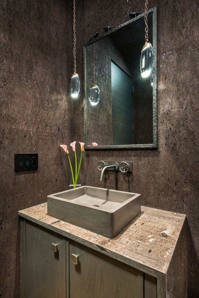 Photo of a country powder room in Other with a vessel sink and grey benchtops.