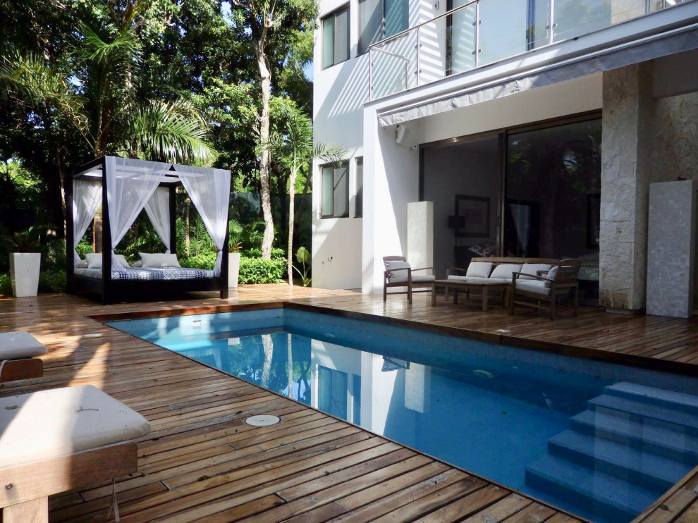Imagen de piscina alargada exótica de tamaño medio rectangular en patio con paisajismo de piscina y entablado