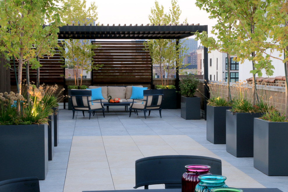This is an example of a large contemporary patio in Chicago with a container garden and a pergola.
