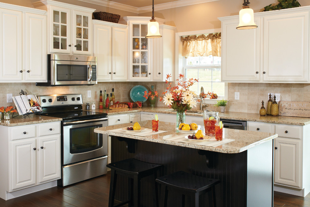 Inspiration for a transitional l-shaped dark wood floor eat-in kitchen remodel with a double-bowl sink, white cabinets, granite countertops, beige backsplash, stainless steel appliances and an island
