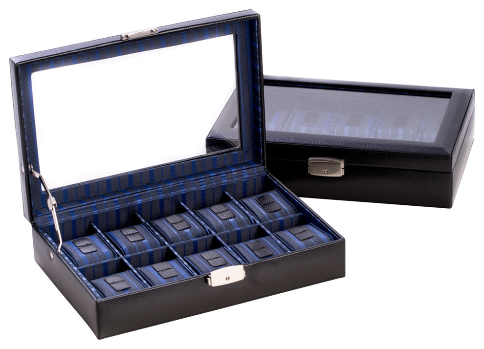 Black Leather 10 Watch Case Transitional Dresser Valets And