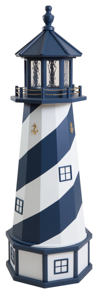 Outdoor Deluxe Wood and Poly Lumber Lighthouse Lawn Ornament, Navy and White, 55 Inch, Standard Electric Light