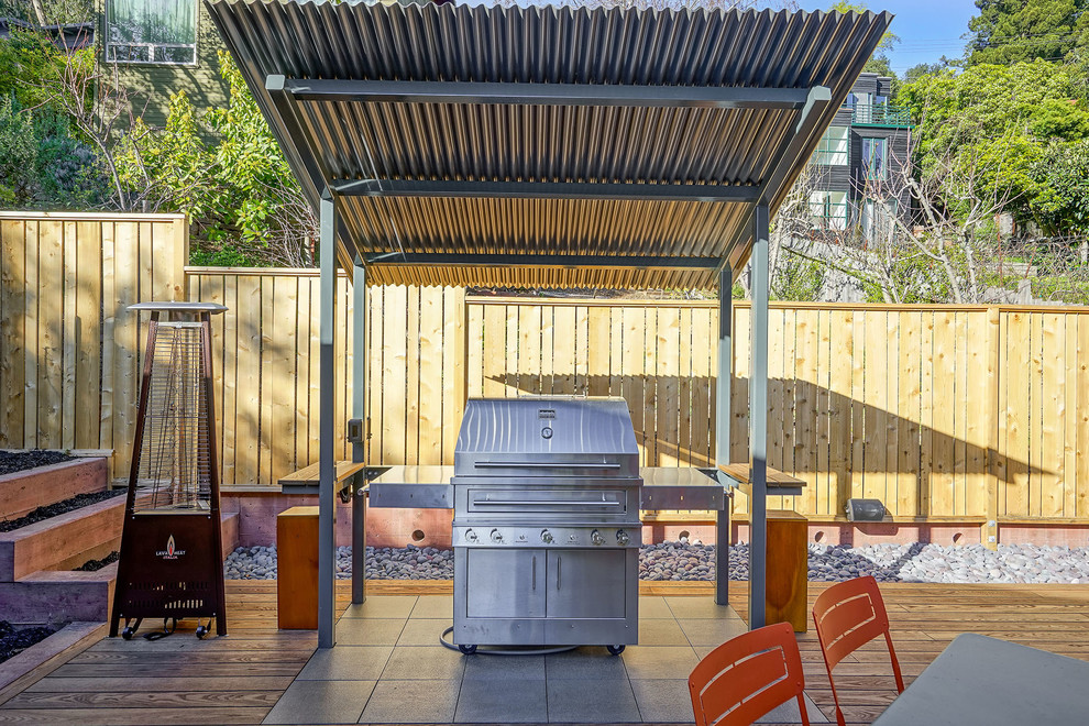 Example of a large trendy backyard outdoor kitchen deck design in San Francisco with no cover
