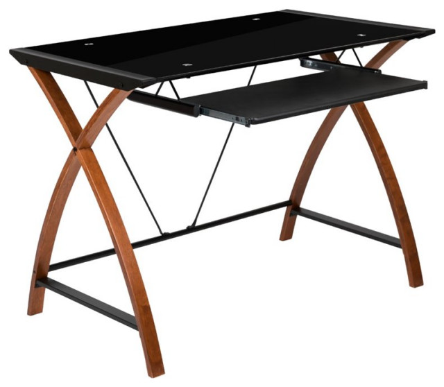 Flash Furniture Glass Top Computer Desk In Black And Cherry Transitional Desks Hutches By Houzz Flash Furniture Glass Top Computer Desk, Flash Furniture Black Glass Computer Desk With 3 Drawer Pedestal