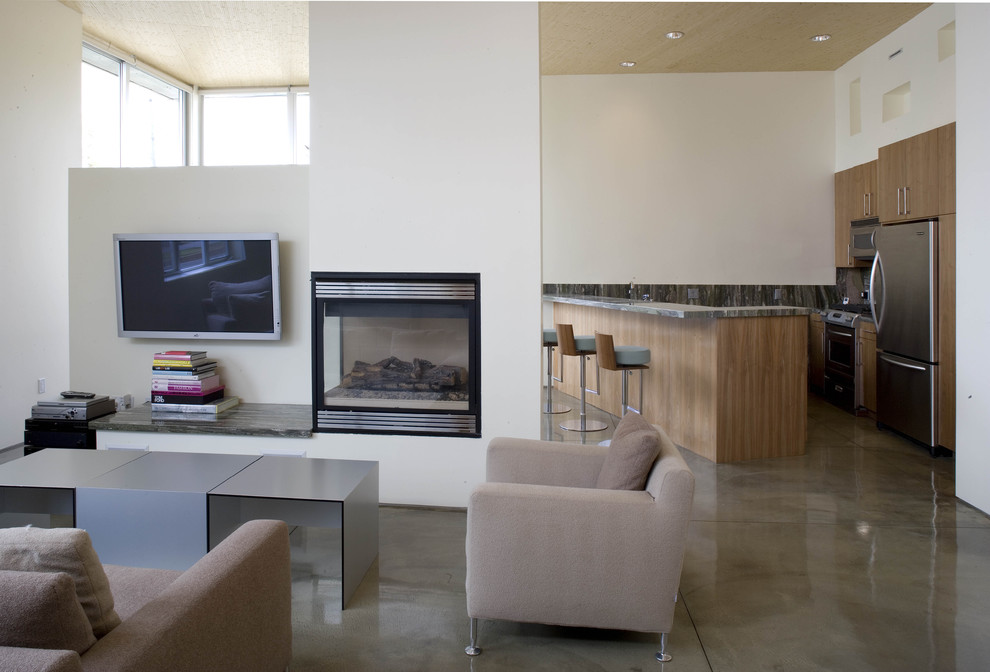 Photo of a modern living room in Los Angeles with a standard fireplace.