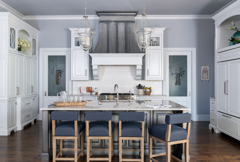 White Kitchen with Gray Island w Built In Appliances Kitchen