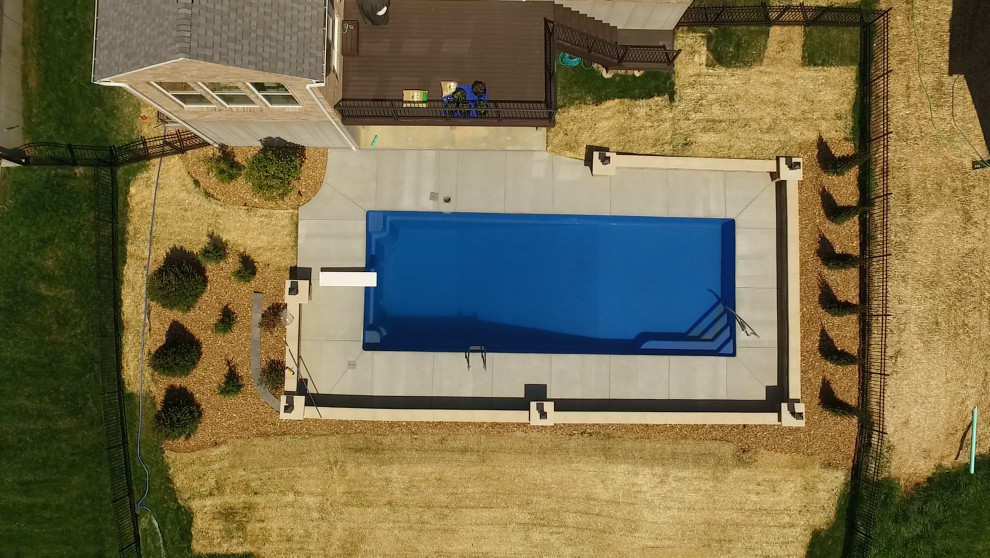 Ejemplo de piscina natural contemporánea grande rectangular en patio trasero con losas de hormigón