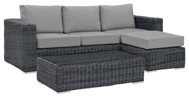 Summon 3-Piece Outdoor Wicker Rattan Sunbrella Sectional Set, Canvas Gray