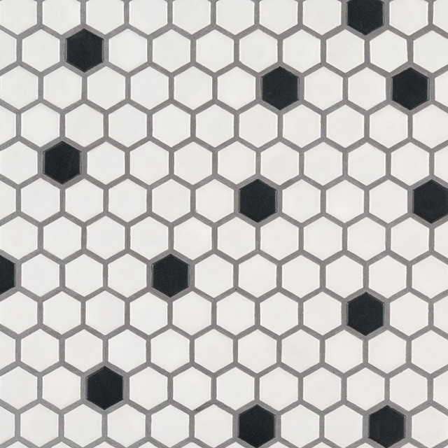 Black And White 1x1 Hexagon Matte Porcelain Tile Contemporary