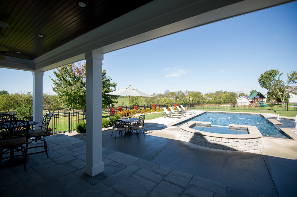 Inspiration for a large transitional backyard concrete and rectangular pool house remodel