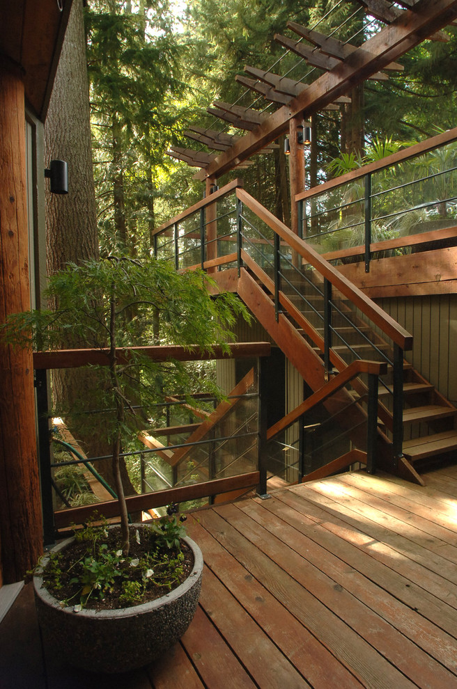 Inspiration for a contemporary wood u-shaped staircase in Vancouver with open risers and mixed railing.