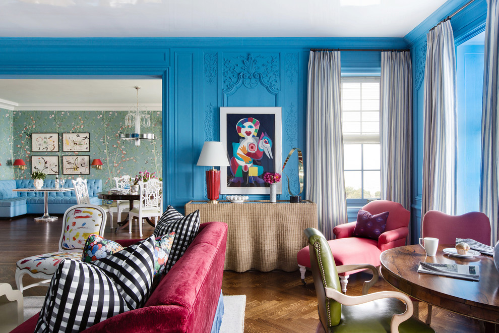 Inspiration for a large eclectic formal enclosed living room in Chicago with blue walls, dark hardwood floors, no fireplace, no tv and brown floor.