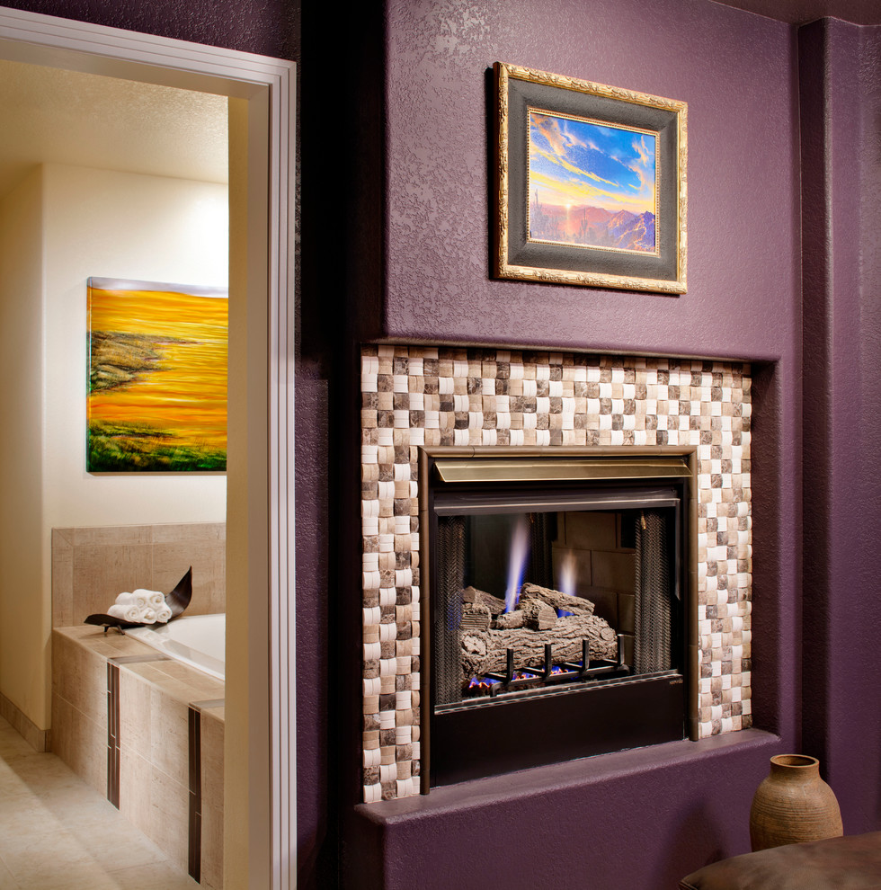 Large contemporary master bathroom in Denver with a drop-in tub, beige tile, porcelain tile, purple walls and beige floor.