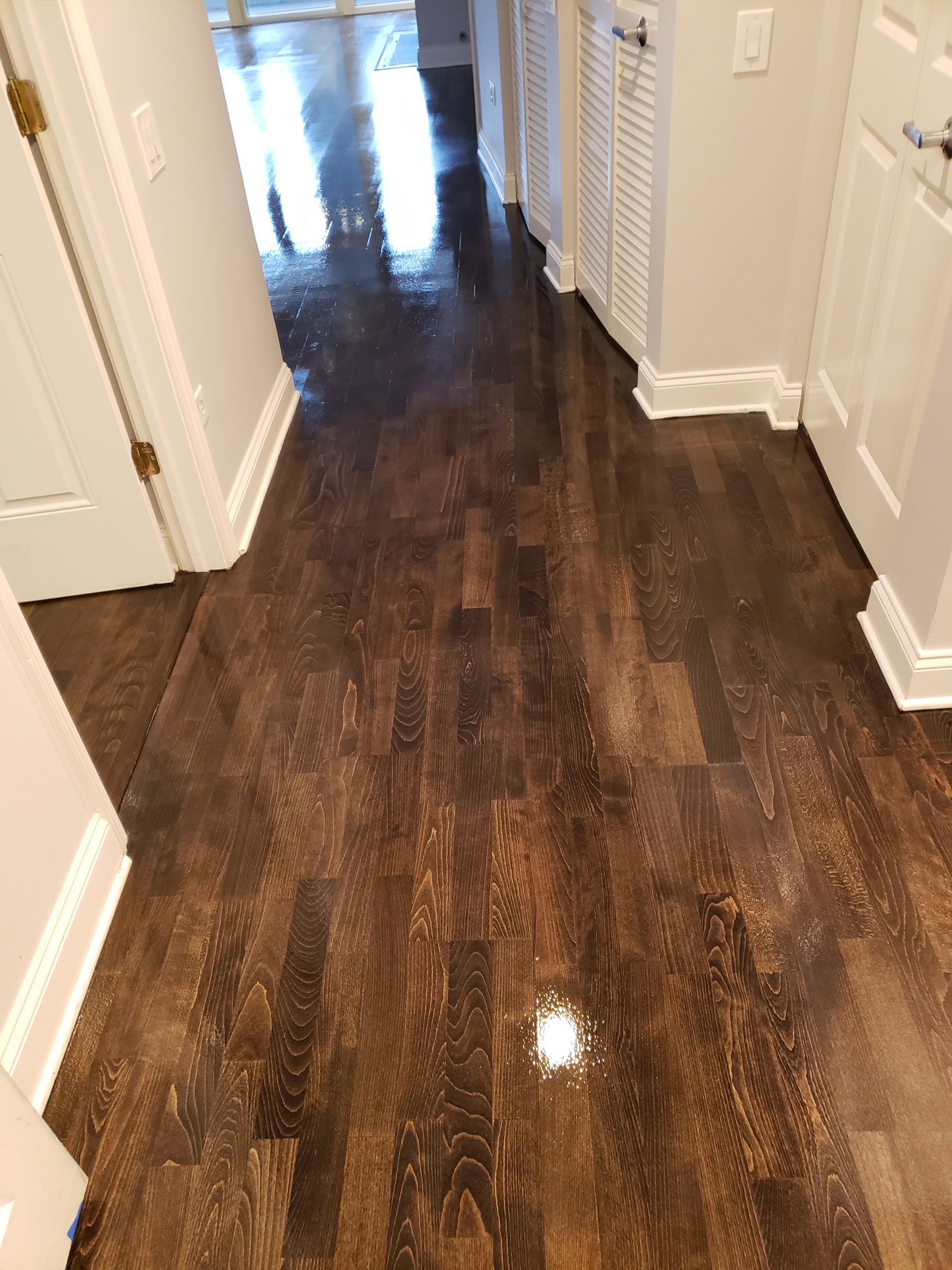 Chicago,  Kahrs Engineered flooring refinished,Dark Walnut stain ,Bona Traffic f