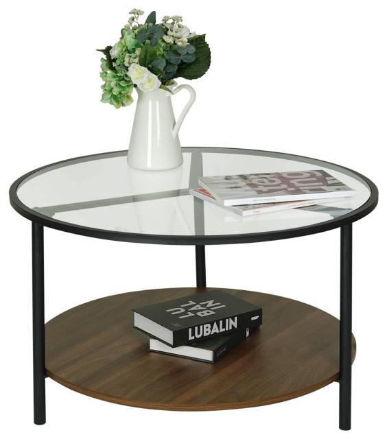 Modern Coffee Table, Metal Frame With Walnut Finished Shelf & Round
