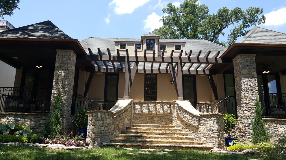 Mid-sized rustic beige one-story mixed siding gable roof idea with a shingle roof
